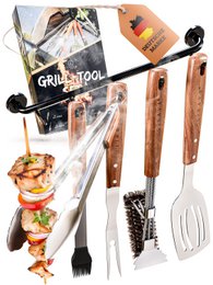 Premium stainless steel barbecue tool set with acacia wood handles. Includes spatula, tongs, and brush. Available with or without magnetic holder.