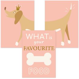 Set of 3 dog posters featuring a dog with a crown, a dog with a bone, and text "What is your favourite food". The posters are designed for a kids room or nursery decor.