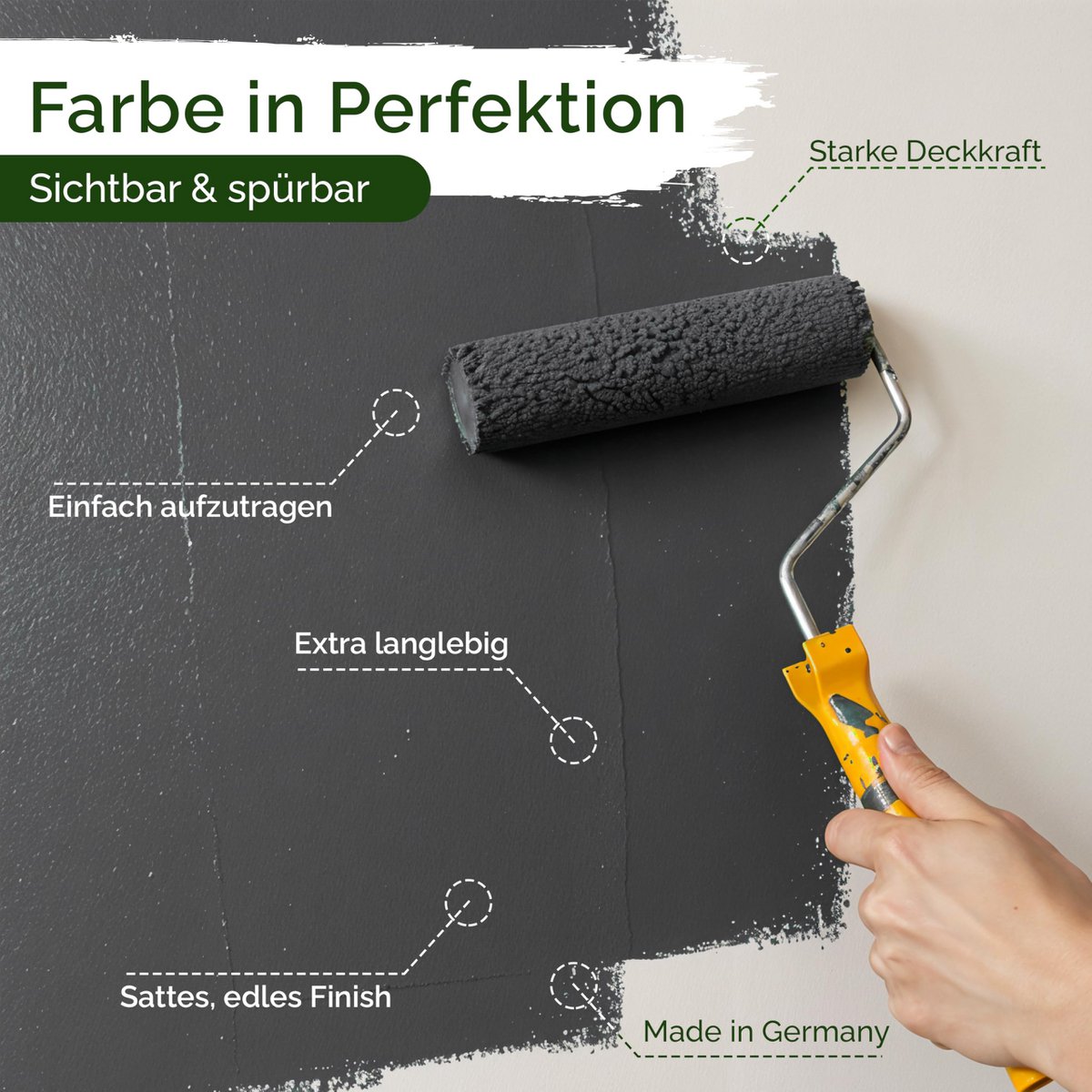 Veluxis® Wandfarbe Schwarz für den Innenraum - 5 Liter & Deckkraft-Klasse 1, Streifenfrei, tropfarm & Öko Farbe, VOC-frei - (Casual Caviar)