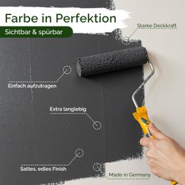 Veluxis® Wandfarbe Schwarz für den Innenraum - 5 Liter & Deckkraft-Klasse 1, Streifenfrei, tropfarm & Öko Farbe, VOC-frei - (Casual Caviar)