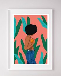 A vibrant, abstract wall art piece featuring a stylized figure with a large, curly hairstyle against a backdrop of lush, green foliage on a coral-colored background.