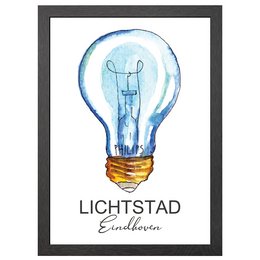 Framed poster featuring a watercolor illustration of a light bulb with the text "LICHTSTAD EINDHOVEN" below. The poster is available in three sizes: A2 (60x42 cm), A3 (30x42 cm), and A4 (30x21 cm).