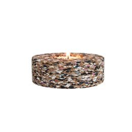 Decorative round tea light holder made of multicolored pebbles, suitable for creating a cozy atmosphere.
