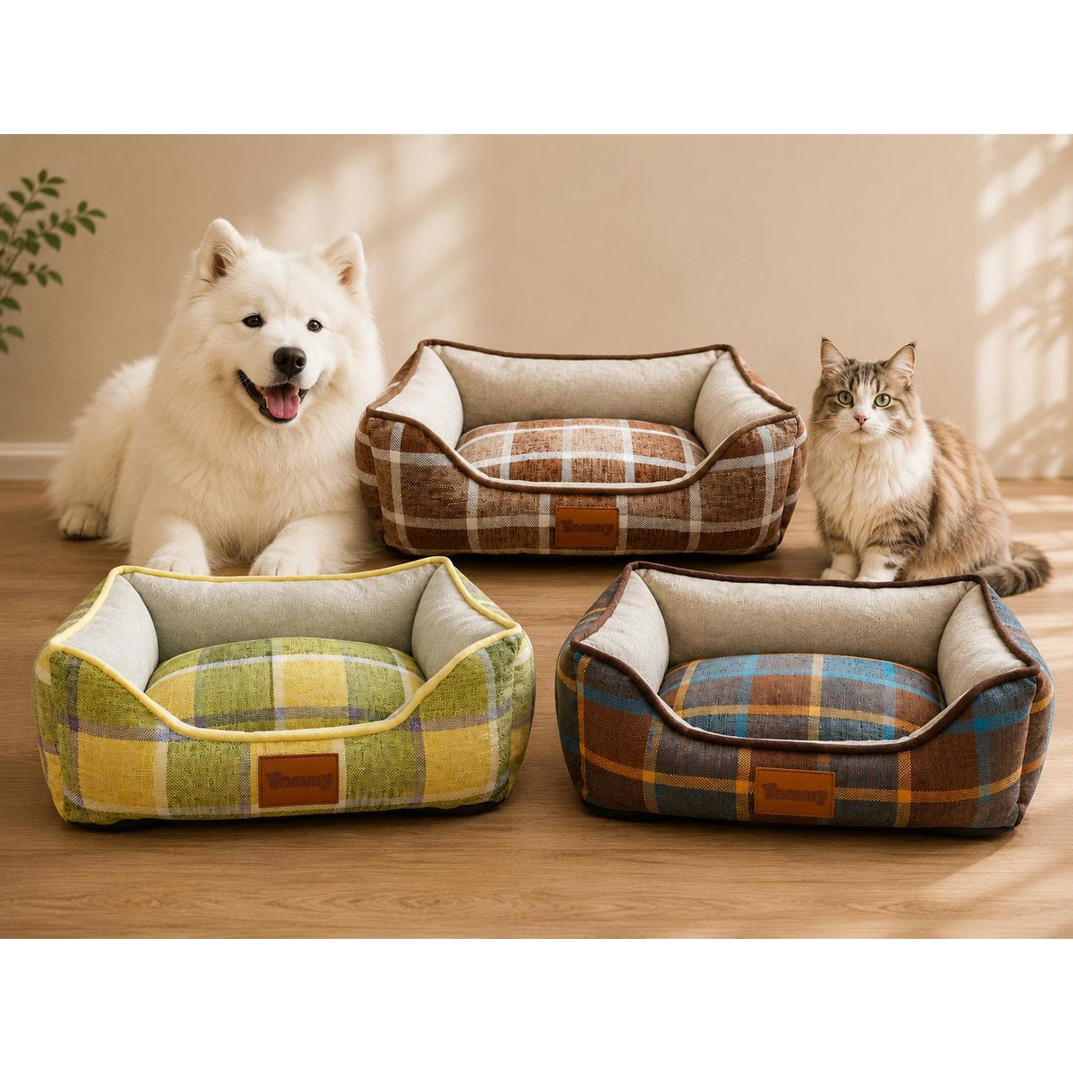 Yommy verkoelend huisdierbed voor honden en katten, ademend en anti-vocht tweekleurig geruit linnen huisdierbed, 4-seizoenen zomer/winter koelmat, wasbare en resistente antislipbasis, 3 kleuren en 3 maten
