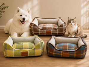 Yommy verkoelend huisdierbed voor honden en katten, ademend en anti-vocht tweekleurig geruit linnen huisdierbed, 4-seizoenen zomer/winter koelmat, wasbare en resistente antislipbasis, 3 kleuren en 3 maten