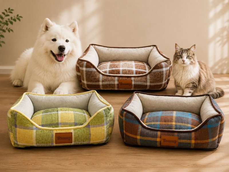 Yommy kølende kæledyrsseng til hunde og katte, åndbar og anti-fugt bicolor plaid linned kæledyrsseng, 4-sæson sommer/vinter kølemåtte, vaskbar og skridsikker base, 3 farver og 3 størrelser