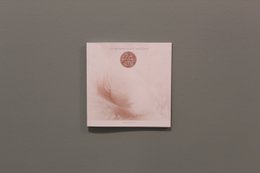 Soft, pink feather-like gift tag with circular emblem.