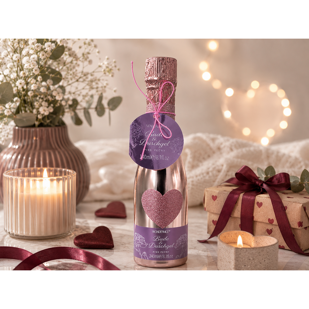 240ml bath and shower gel in a rose colored piccolo bottle