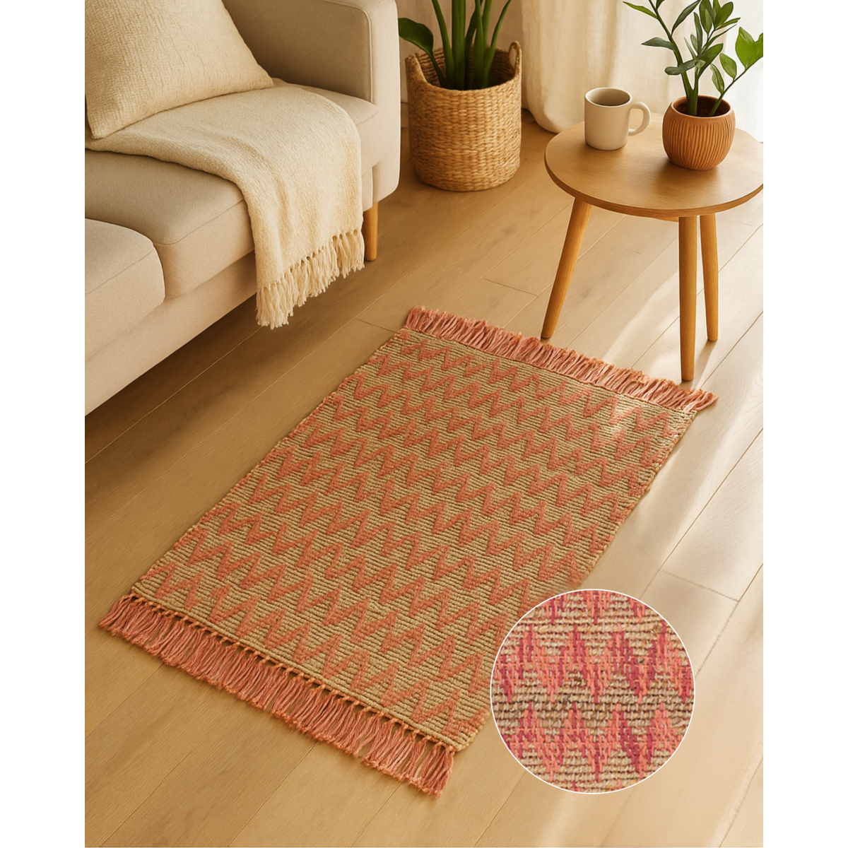 Håndvævet zigzag -tæppe - rød og naturlig med frynser (50 × 80 cm)