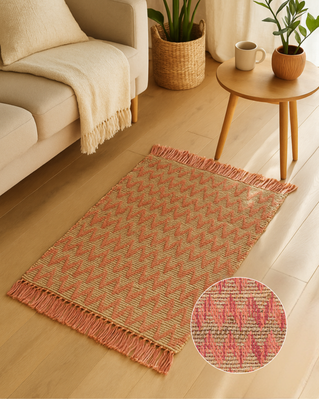 Håndvævet zigzag -tæppe - rød og naturlig med frynser (50 × 80 cm)