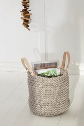 Knitting basket with leather handle - 30cm x 30cm x 30cm - round