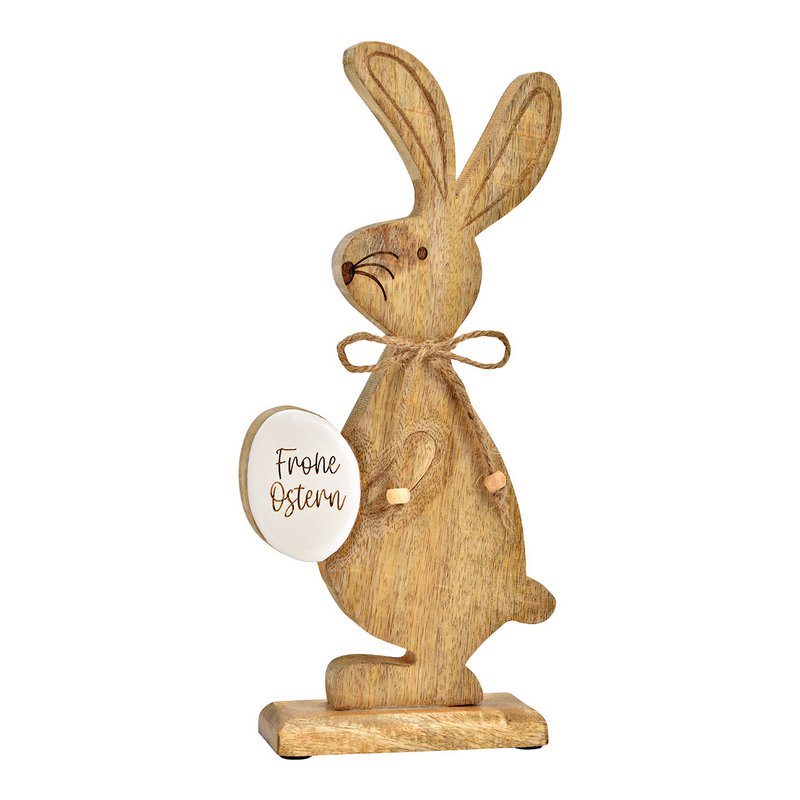 Króliczek standee z pisanką „Wesołych Świąt” z drewna mango, brązowo-biały (szer./wys./gł.) 14x32x5cm