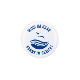 Magnet „Wind im Haar – Sonne im Gesicht“ – Maritimes Meer-Motiv – Blau/Weiß – Ø 3,7 cm – Kühlschrank & Whiteboard