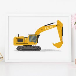 Personalized digger print wall art, available in 210 gsm matte paper or solid wood framed options. The image depicts a yellow construction excavator or digger.