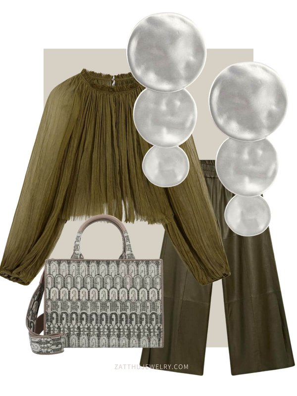 Meli long round statement earrings - silver