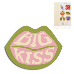  Cut-out card with pink lips and the text "BIG KISS" on a green background. The card is part of a party card collection and features various colorful cut-out shapes.