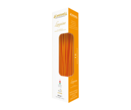 Orange linguine pasta, 500g package. Long, thin, orange-colored pasta strands.