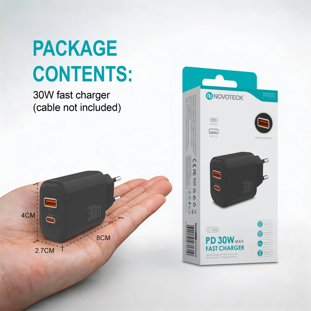 Cargador rápido PD de 30W con USB-C y USB-A – NOVOTECK C-026
