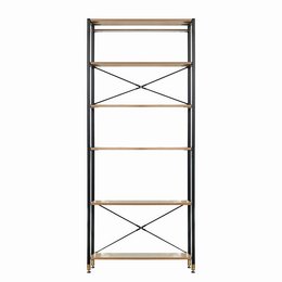 Wide, industrial-style shelving unit with 5 wooden shelves and a black metal frame.