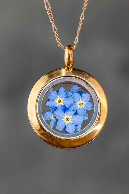Medallón de Nomeolvides chapado en oro rosa - Collar chapado en oro de ley 925 con flores reales - K925-126