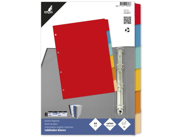 Tab Kangaro A4 blank recycled manila cardboard 180grs 4r. 6pcs assorted