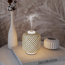 Vanelia: ultralydsdiffusor i rattan og matteret glas