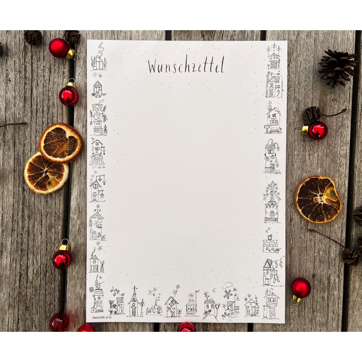 Verlanglijstpapier | Din A4 | 25 vellen, ongevoerd | "Verlanglijst & winterhuisjes" | Kerstpost