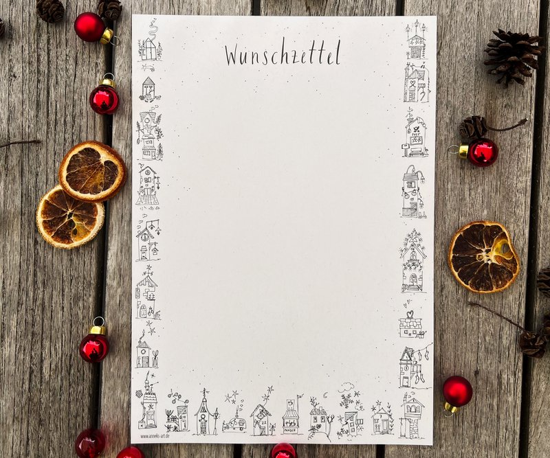 Verlanglijstpapier | Din A4 | 25 vellen, ongevoerd | "Verlanglijst & winterhuisjes" | Kerstpost