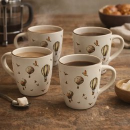 Ceramic coffee mugs with hot air balloon and vintage hot air balloon print design, cream colored tea cups set of 4