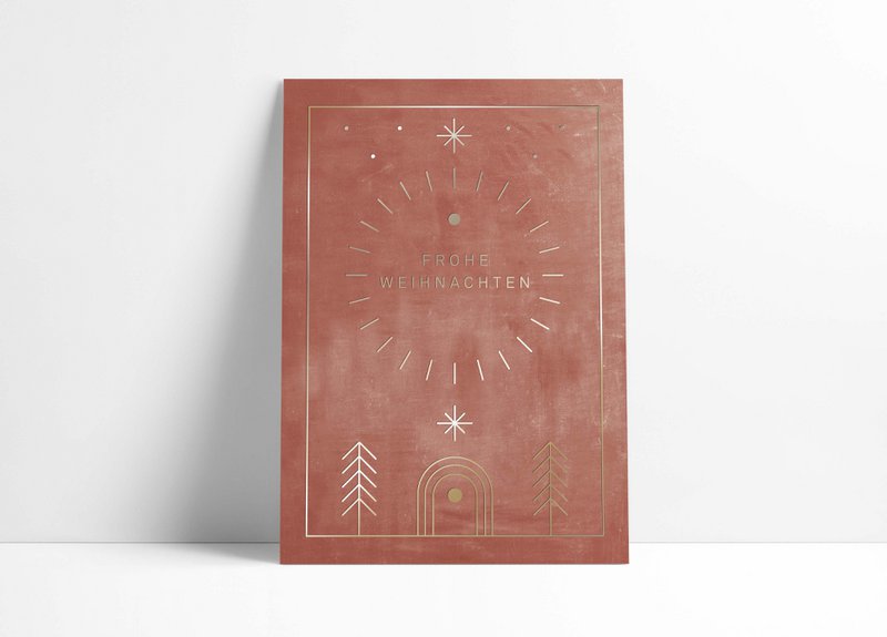 Postkort // »Glædelig jul« Geometriske linjer guld/rød