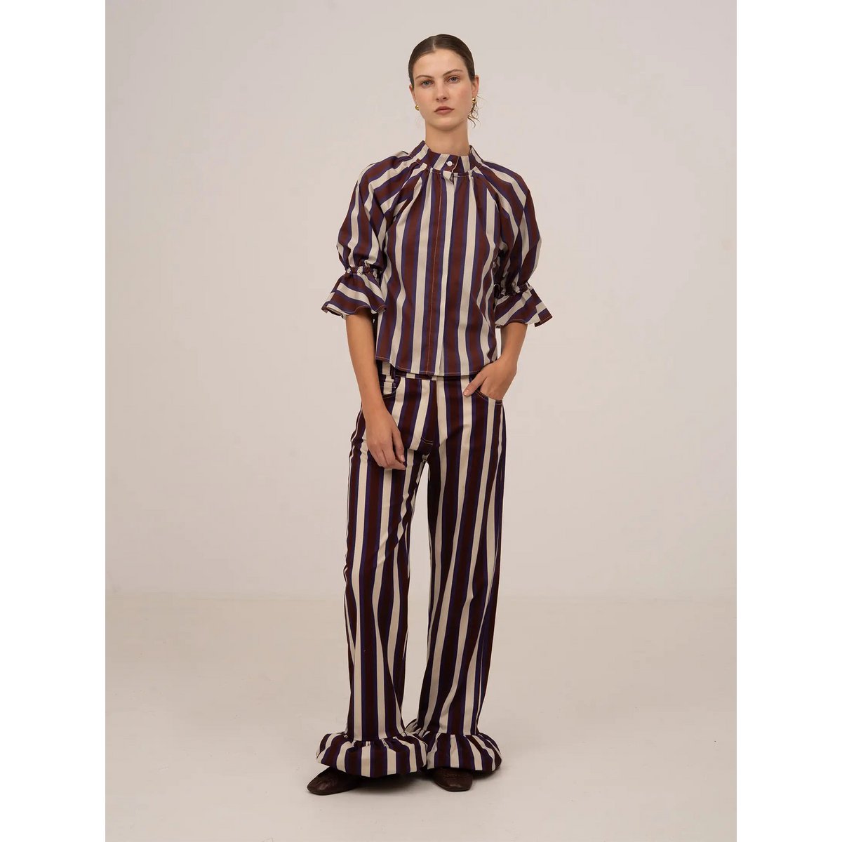 Frostbite gestreepte bordeaux en blauwe blouse