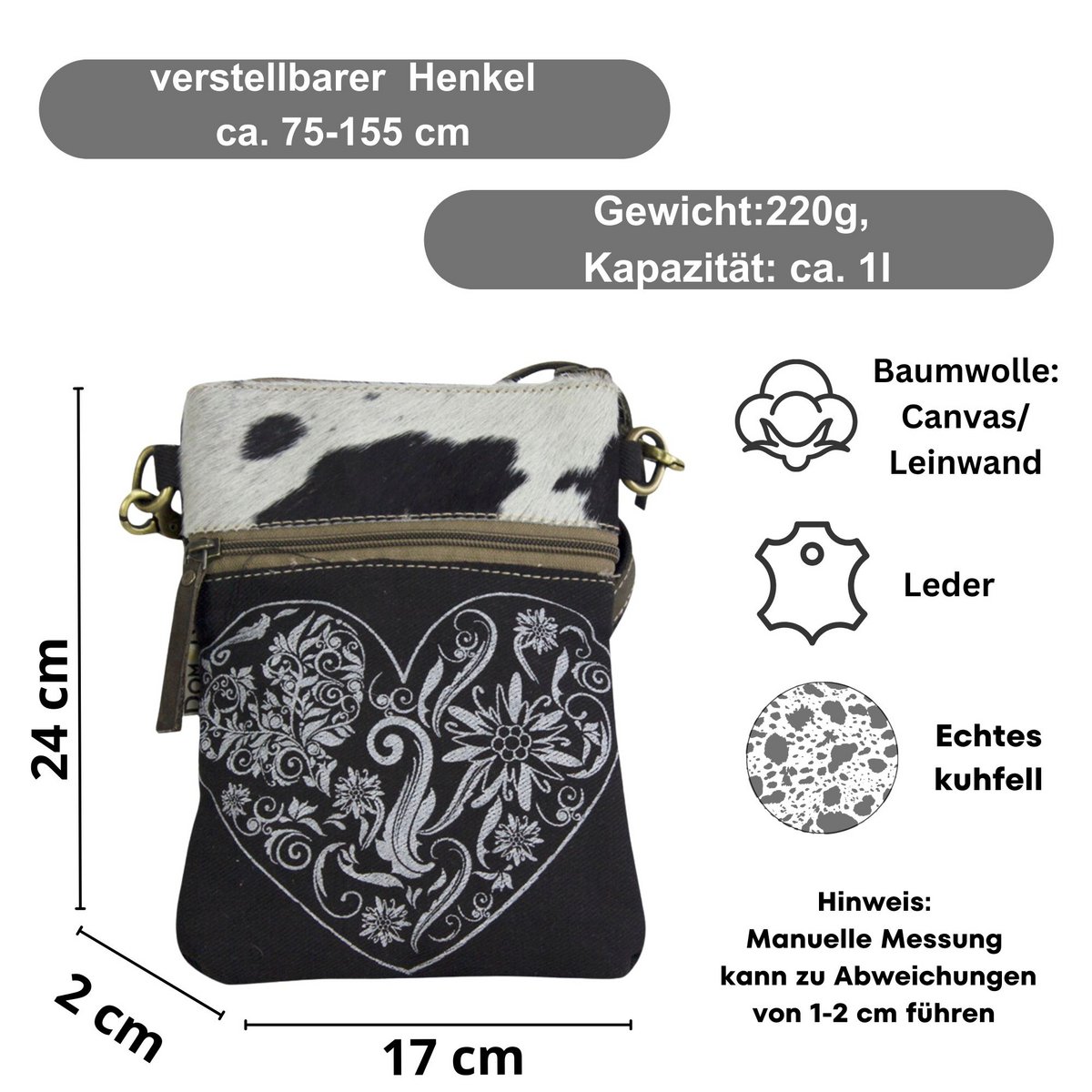 Traditionele tas van Domelo. Dames schoudertas. Dirndl schoudertas gemaakt van canvas en leer. Handtas in traditionele stijl met hartedelweissprint. Crossbodytas voor dames als Oktoberfest-accessoire.