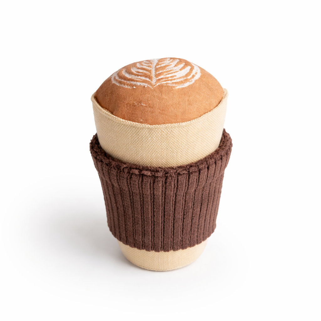 Embroidered Cappuccino Cup Rattle – Handmade Sensory Toy