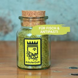 Herb salt with lemon flavor, ideal for seasoning fish and antipasti dishes. The product features a glass jar with a cork lid and a label with a crown icon.