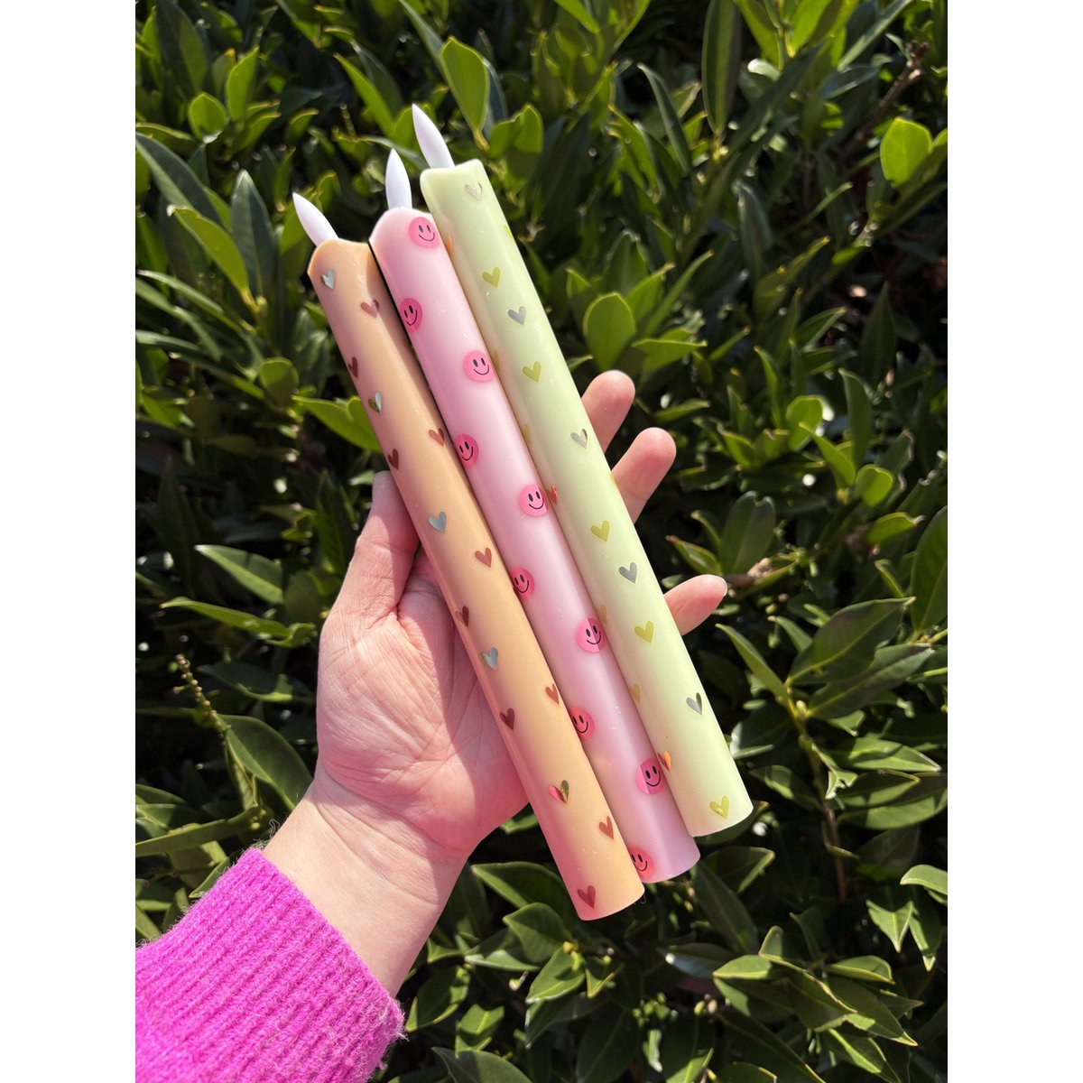 LED Candle Pillar Hearts Green - Set of 2