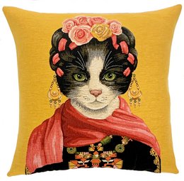  Decorative cat pillow cover featuring a cat with a floral headdress and red shawl, suitable for home decor and cat lovers.