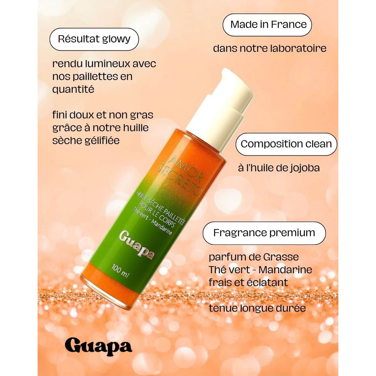 Glitzerndes trockenes Körperöl – GUAPA – Grüner Tee/Mandarine