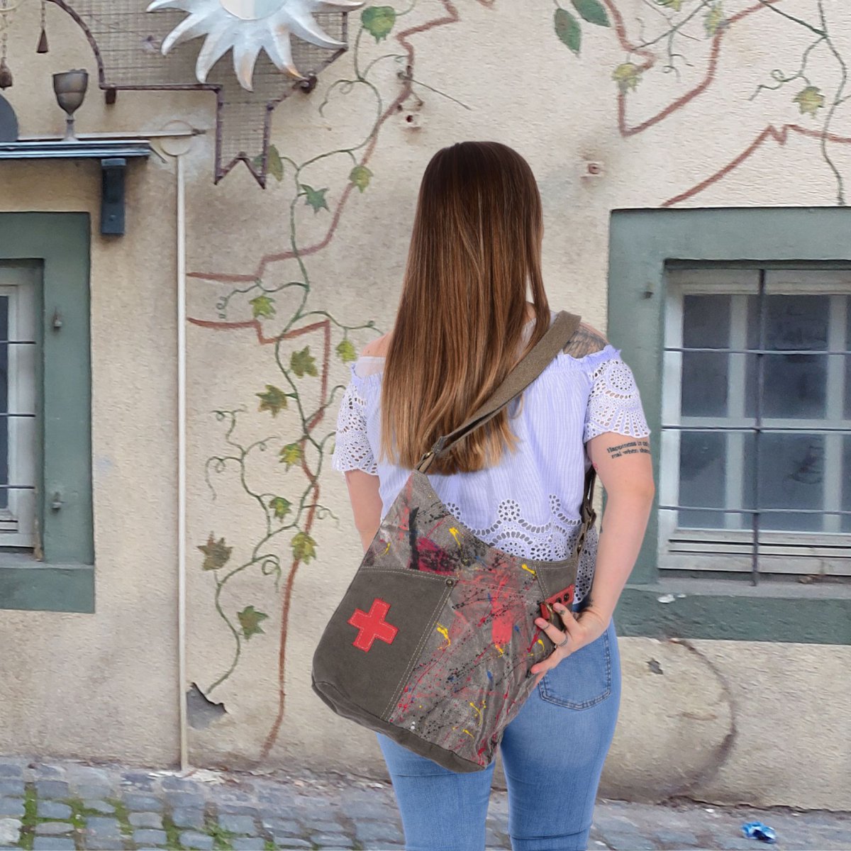 Sunsa schoudertas voor dames. Canvas hobo tas. Grote crossbody tas in vintage stijl. Elke vegan schoudertas is uniek.