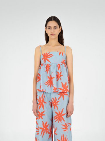 Blaues Magician-Top mit Blumenmuster