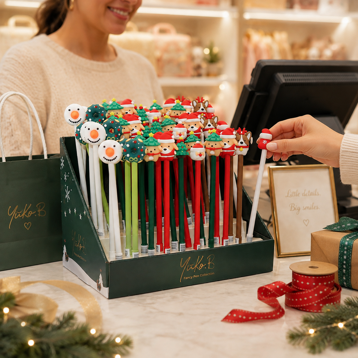 Display of 60 Christmas pens