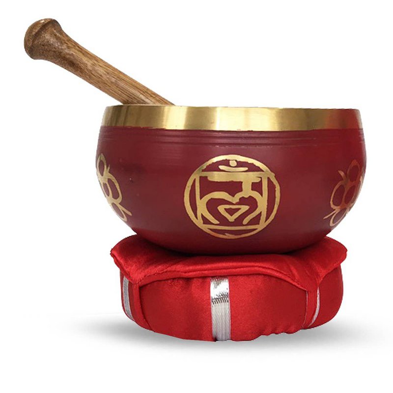 Ciotola tibetana in ottone con bastone e cuscino Chakra della radice di 12 cm