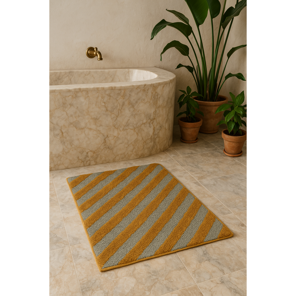 Hand getuft 100% katoenen badmat - Diagonale lijnen Moss Green & Gold