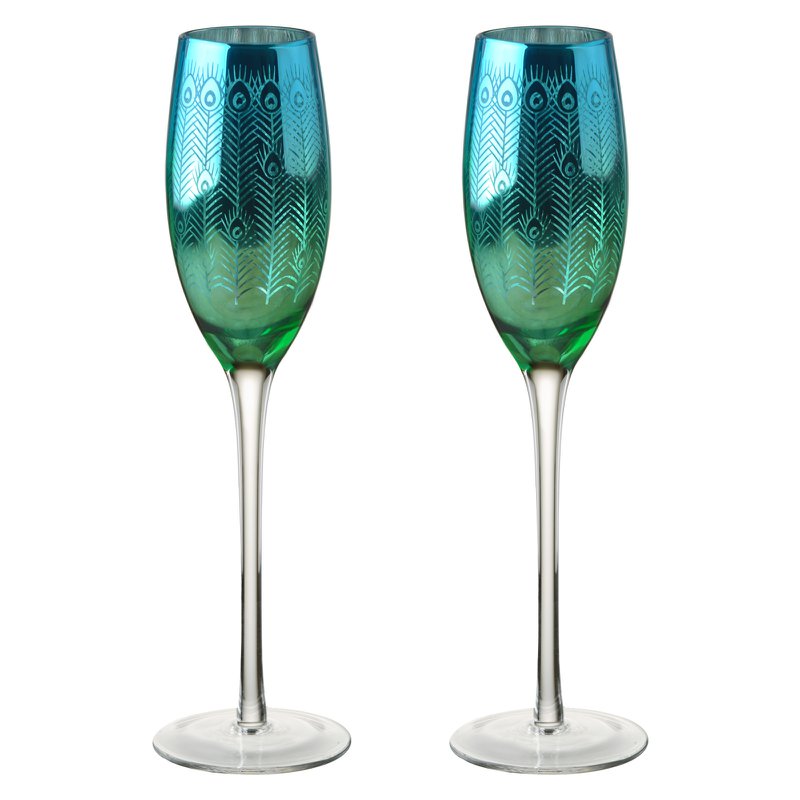 Set of 2 Champagne Flutes - Peacock