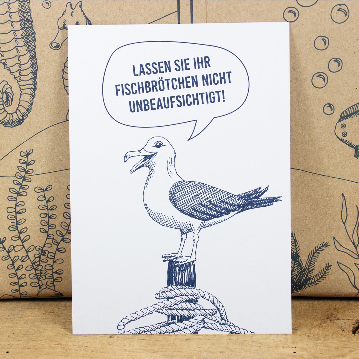 Maritime postkort "Fischbrötchen - Möwe" lavet af genanvendt papir