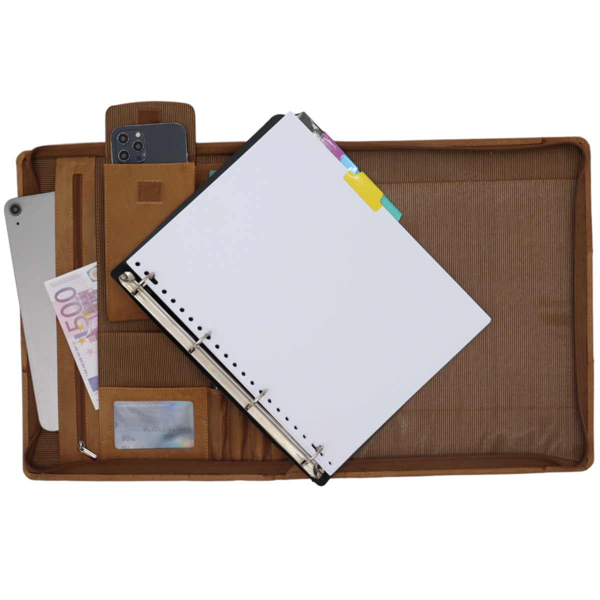 Leather Writing Case A4 - Conference Folder - Document Folder A4 - Tablet Sleeve & Laptop Sleeve - Removable Ring Binder