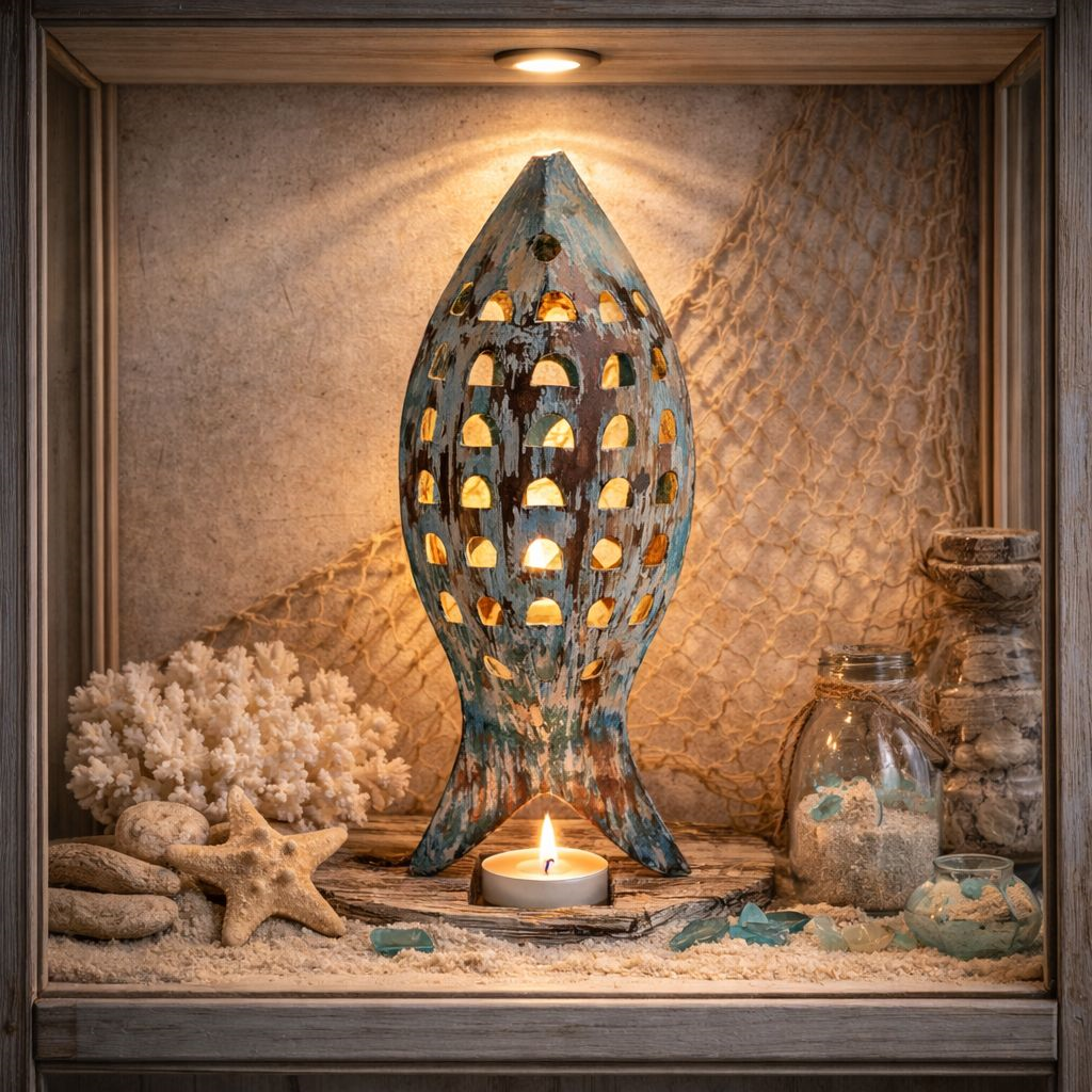 Decorative marine style iron candle holder fish