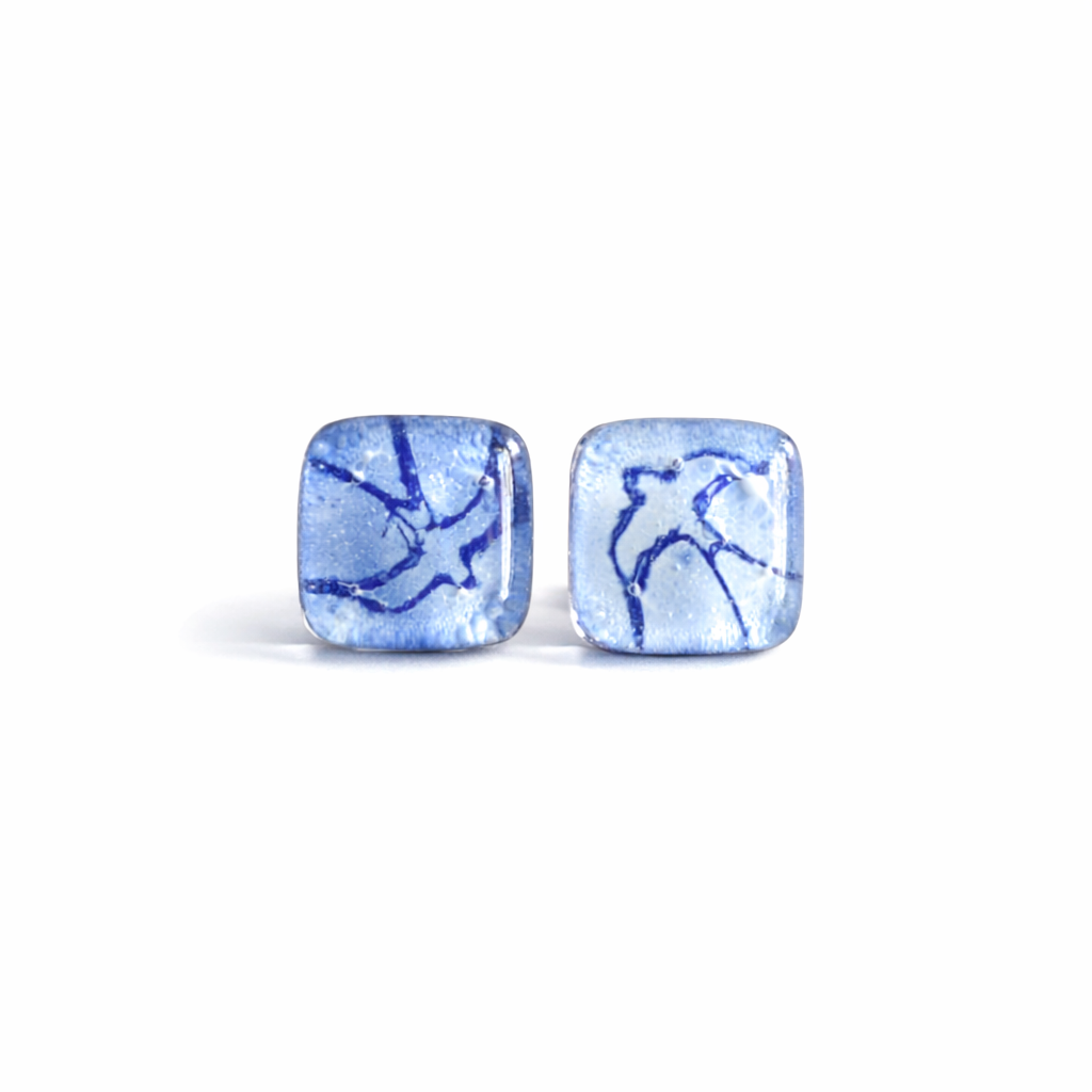 Orecchini uccello azzurro, argento sterling e vetro, gioielli artigianali unici