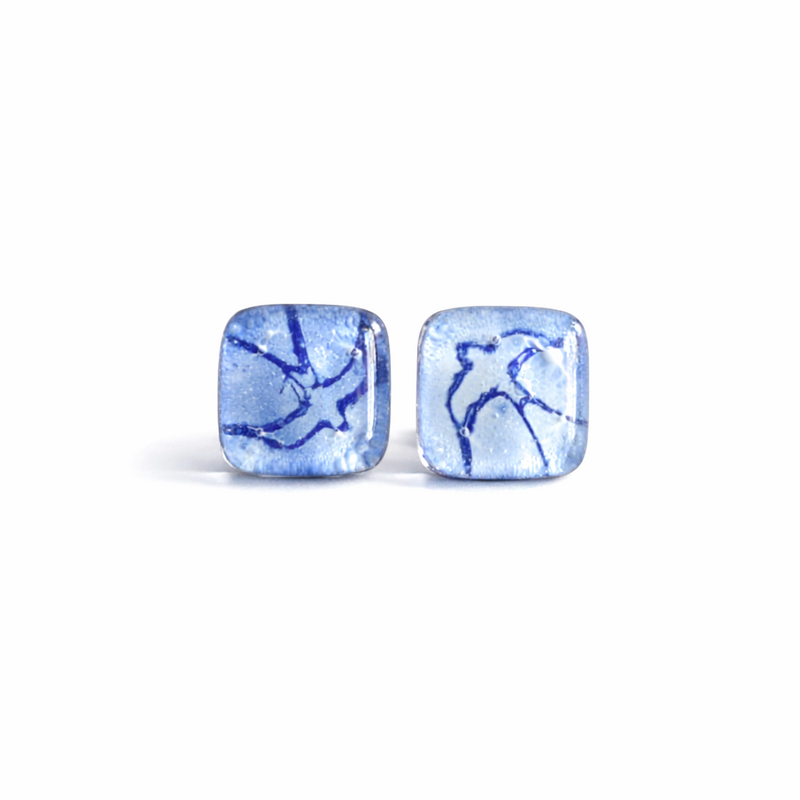 Orecchini uccello azzurro, argento sterling e vetro, gioielli artigianali unici