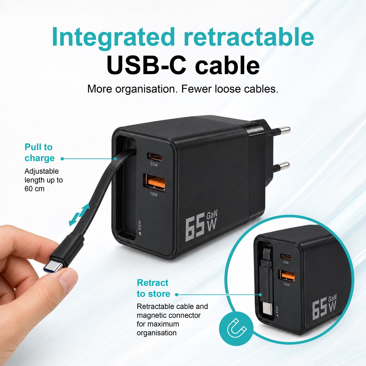 Cargador GaN de 65W con cable USB-C retráctil – NOVOTECK C-024