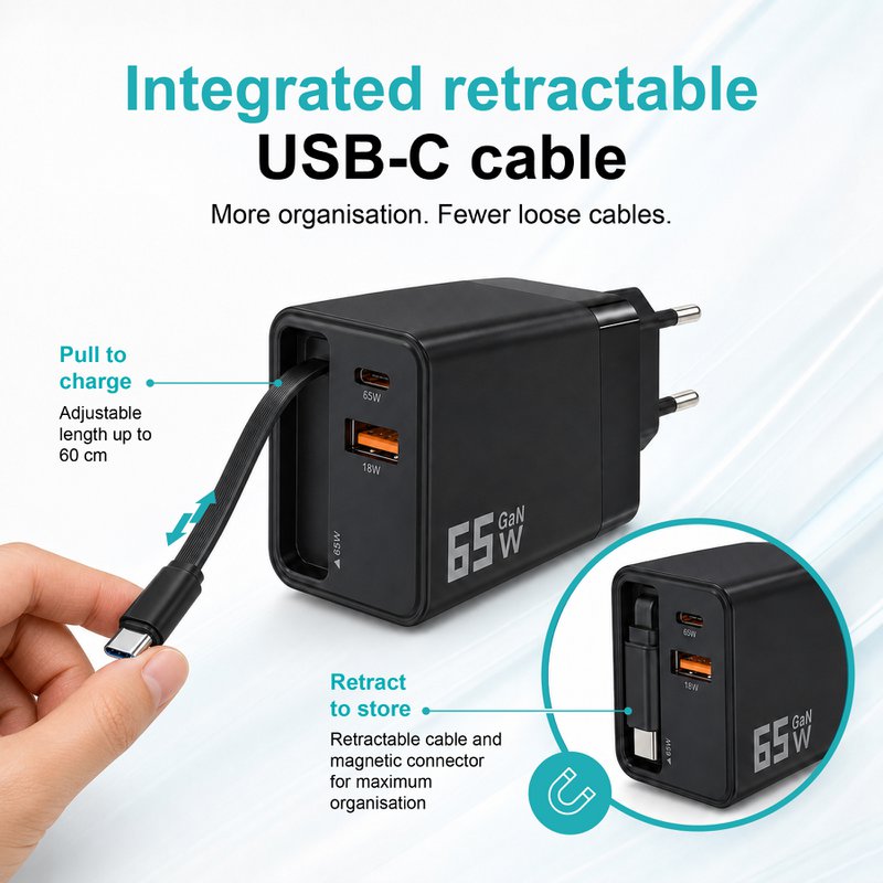 Cargador GaN de 65W con cable USB-C retráctil – NOVOTECK C-024